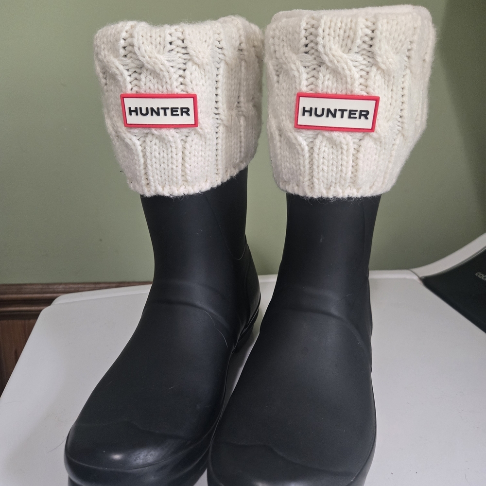 Hunter Black Boots with White Knit Cuffs
